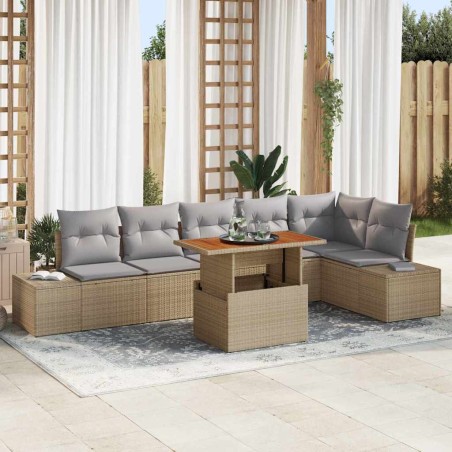 vidaXL Set da Pranzo da Giardino da 7 Pezzi con Cuscini Beige in Polyrattan e Acacia