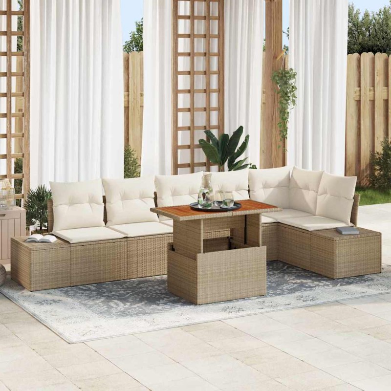 vidaXL Set da pranzo da giardino 7 pezzi con cuscini beige in rattan sintetico e acacia.