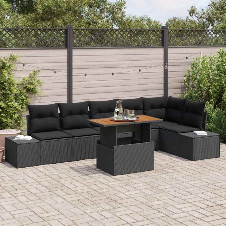 vidaXL Set da pranzo da giardino in 7 pezzi con cuscini in rattan sintetico nero e acacia.