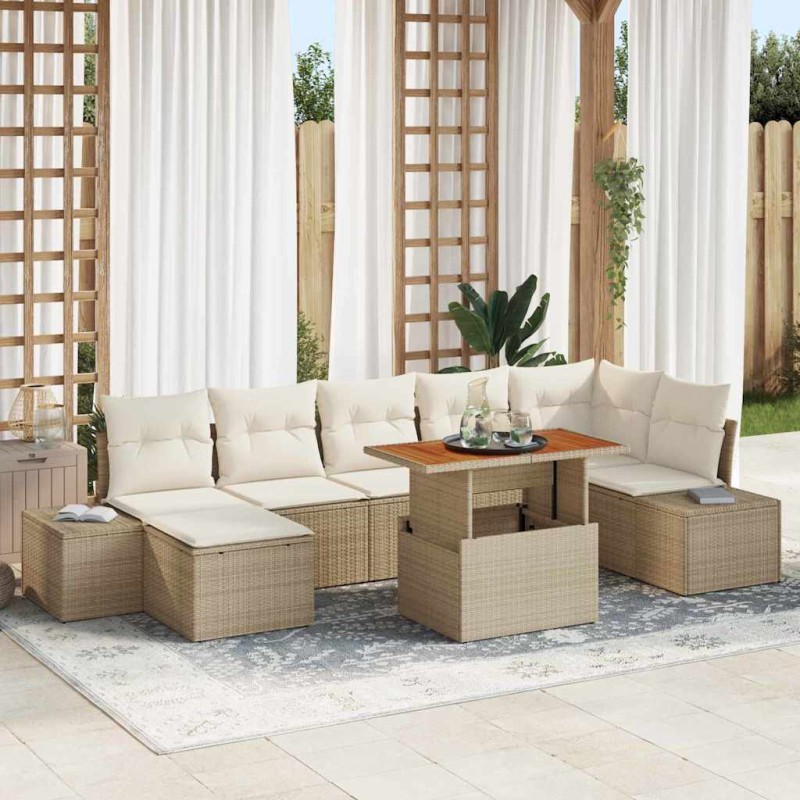 vidaXL Set da Pranzo da Giardino 8 Pezzi con Cuscini Beige in Rattan Sintetico e Acacia