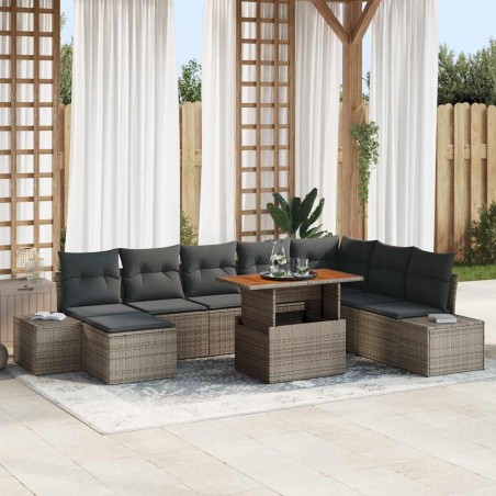 vidaXL Set da pranzo da giardino 9 pezzi con cuscini grigi in polyrattan e acacia
