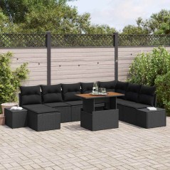vidaXL Set da pranzo da giardino 9 pezzi con cuscini in rattan nero e acacia.