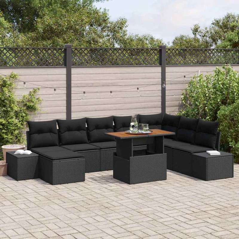 vidaXL Set da pranzo da giardino 9 pezzi con cuscini in rattan nero e acacia.