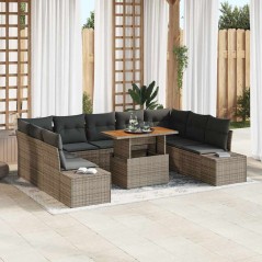 vidaXL Set da pranzo da giardino da 10 pezzi con cuscini in polirattan grigio e acacia