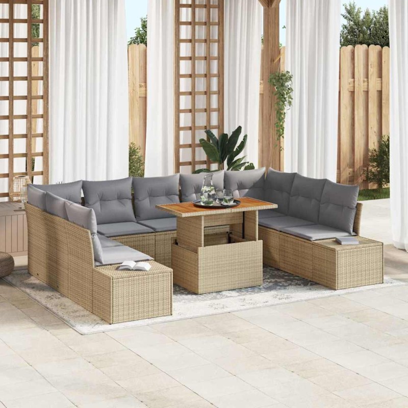 vidaXL Set da pranzo da giardino con 10 pezzi e cuscini in rattan poliestere beige e legno di acacia