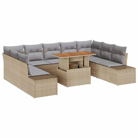 vidaXL Set da pranzo da giardino con 10 pezzi e cuscini in rattan poliestere beige e legno di acacia