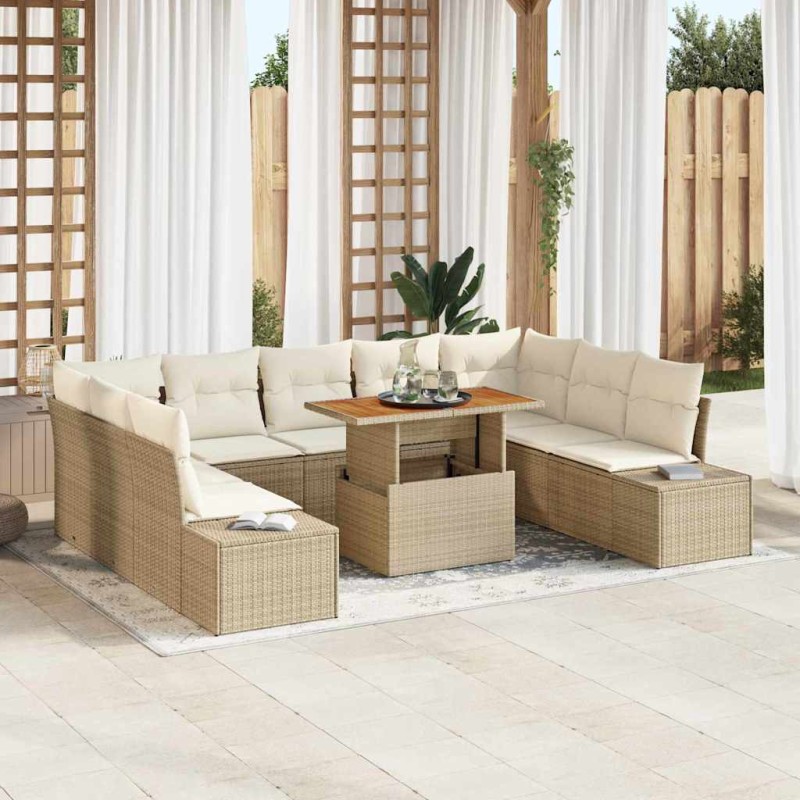 vidaXL Set da Pranzo da Giardino da 10 Pezzi con Cuscini in Rattan Sintetico Beige e Legno di Acacia vidaXL Set da Pranzo da Giardino da 10 Pezzi con Cuscini in Rattan Sintetico Beige e Legno di Acacia