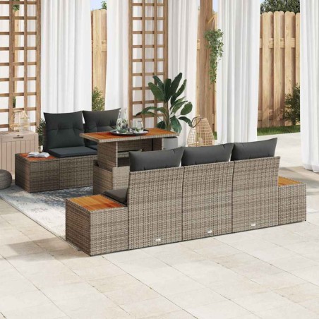 vidaXL Set da pranzo da giardino a 6 pezzi con cuscini grigi in poly rattan e legno di acacia