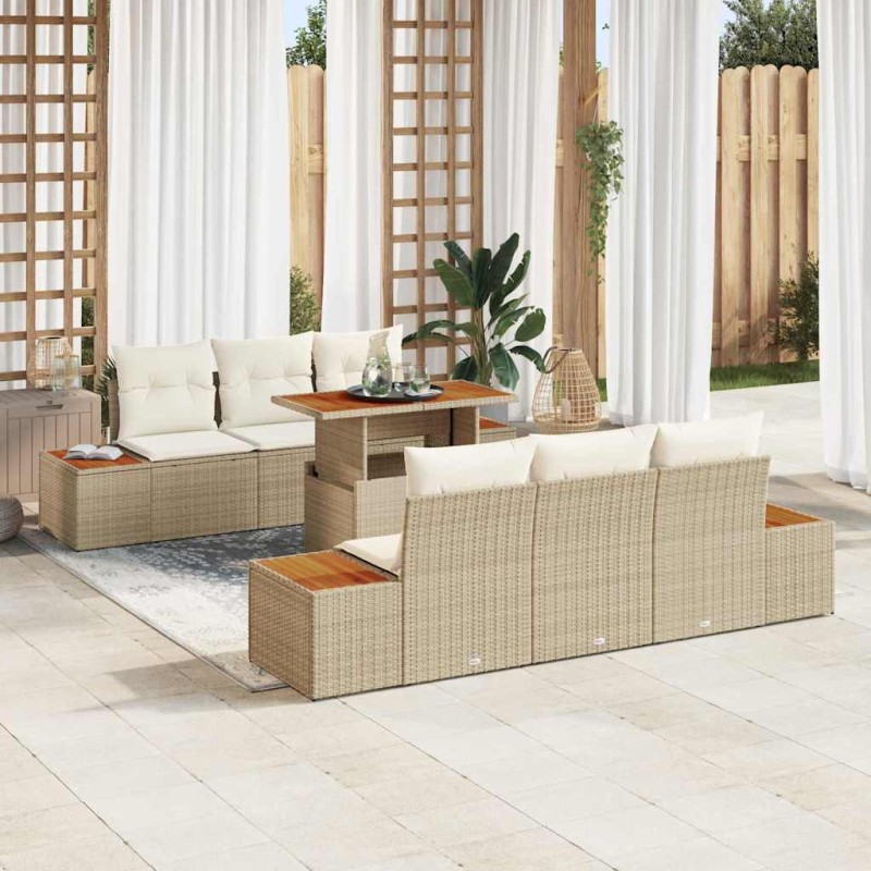 vidaXL Set da pranzo da giardino 7 pezzi con cuscini beige in rattan politico e acacia.