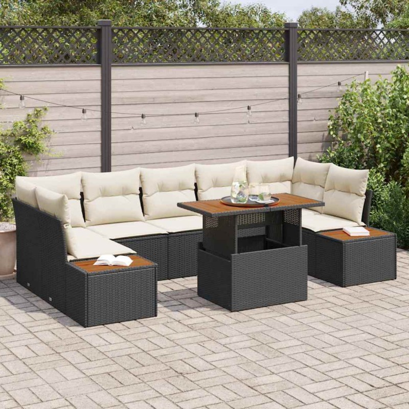 vidaXL Set da pranzo da giardino 8 pezzi con cuscini in polyrattan nero e legno di acacia