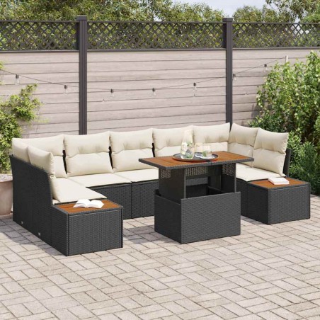 vidaXL Set da pranzo da giardino 8 pezzi con cuscini in polyrattan nero e legno di acacia