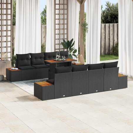 vidaXL Set da pranzo per il giardino da 9 pezzi con cuscini in polirattan nero e legno di acacia