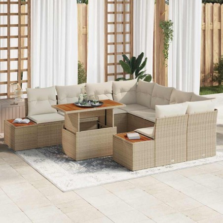 vidaXL Set da pranzo da giardino 9 pezzi con cuscini beige in polyrattan e acacia