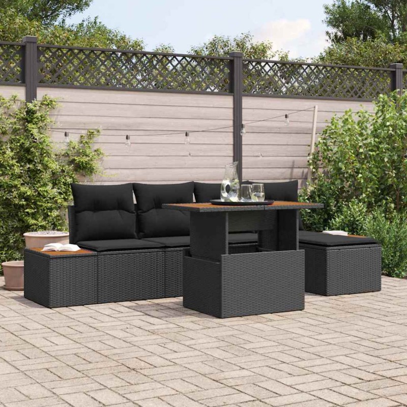 vidaXL Set da pranzo da giardino a 6 pezzi con cuscini in polyrattan nero e acacia