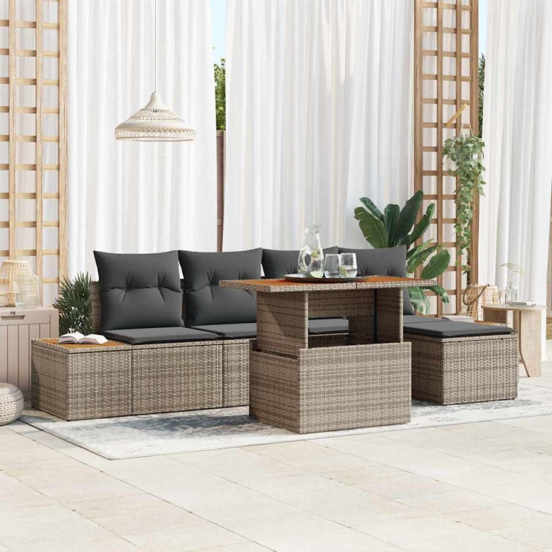 vidaXL Set da Pranzo da Giardino in 6 Pezzi con Cuscini Grigi in Rattan Polipropilene e Legno di Acacia