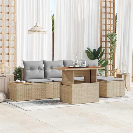 vidaXL Set da Pranzo da Giardino 6 Pezzi Con Cuscini Beige in Rattan Sintetico e Legno di Acacia