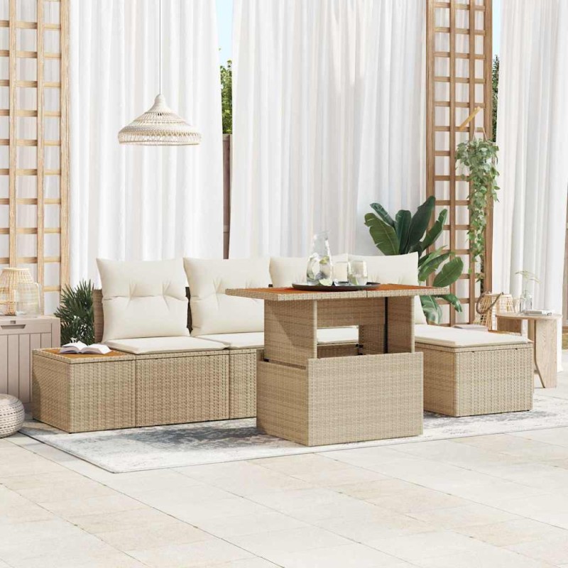 vidaXL Set da pranzo da giardino 6 pezzi con cuscini beige in rattan sintetico e legno di acacia.