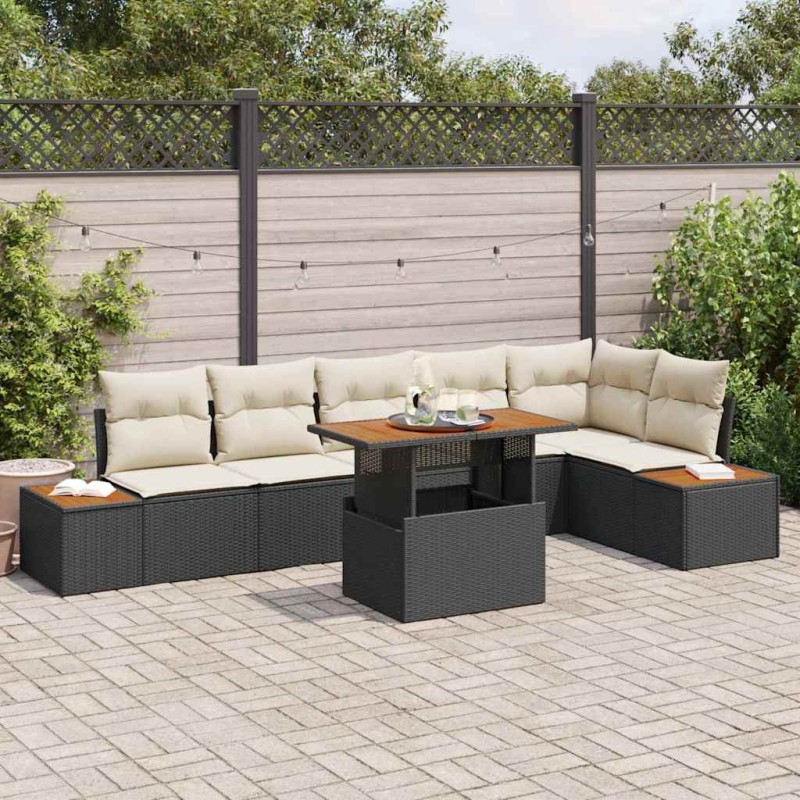 vidaXL Set da Pranzo da Giardino 7 Pezzi con Cuscini in Rattan Plastico Nero e Acacia