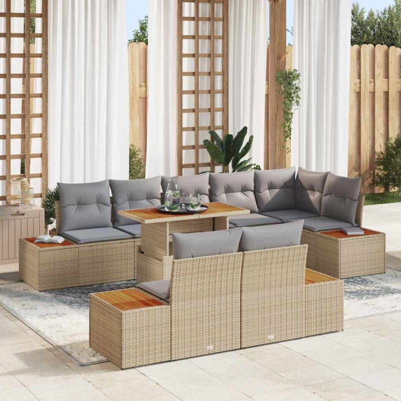 vidaXL Set da Pranzo da Giardino 9 Pezzi con Cuscini Beige in Rattan Sintetico e Legno di Acacia