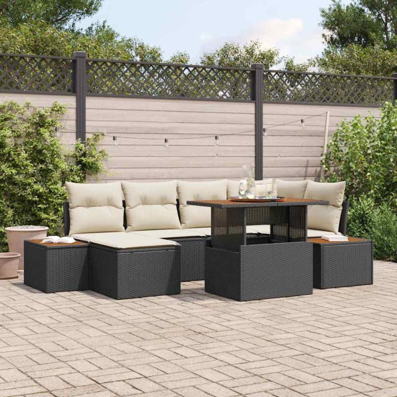 vidaXL Set da Pranzo da Giardino 7 Pezzi con Cuscini Neri in Rattan e Acacia