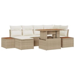 vidaXL Set da pranzo da giardino da 7 pezzi con cuscini beige in polyrattan e acacia.