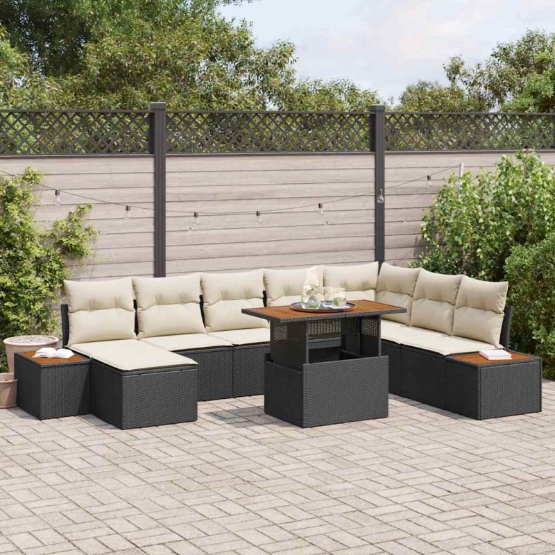 vidaXL Set da Pranzo da Giardino da 9 Pezzi con Cuscini in Rattan Sintetico Nero e Acacia vidaXL Set da Pranzo da Giardino da 9 Pezzi con Cuscini in Rattan Sintetico Nero e Acacia