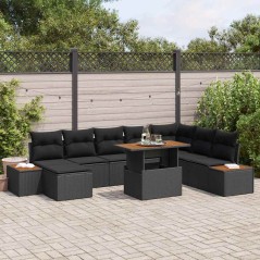vidaXL Set giardino da 9 pezzi con cuscini neri in rattan sintetico e legno di acacia