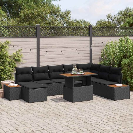 vidaXL Set giardino da 9 pezzi con cuscini neri in rattan sintetico e legno di acacia