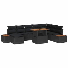 vidaXL Set giardino da 9 pezzi con cuscini neri in rattan sintetico e legno di acacia