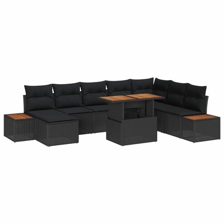 vidaXL Set giardino da 9 pezzi con cuscini neri in rattan sintetico e legno di acacia
