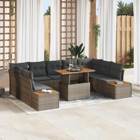 vidaXL Set da Pranzo da Giardino da 10 Pezzi con Cuscini Grigio in Poly Rattan e Acacia