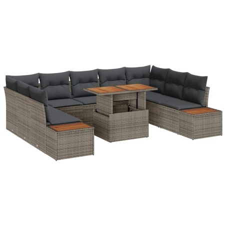 vidaXL Set da Pranzo da Giardino da 10 Pezzi con Cuscini Grigio in Poly Rattan e Acacia