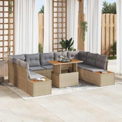 vidaXL Set da Pranzo da Giardino 10 Pezzi con Cuscini Beige in Polyrattan e Acacia