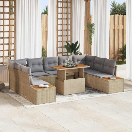 vidaXL Set da Pranzo da Giardino 10 Pezzi con Cuscini Beige in Polyrattan e Acacia