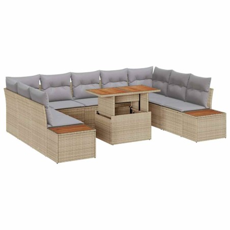 vidaXL Set da Pranzo da Giardino 10 Pezzi con Cuscini Beige in Polyrattan e Acacia