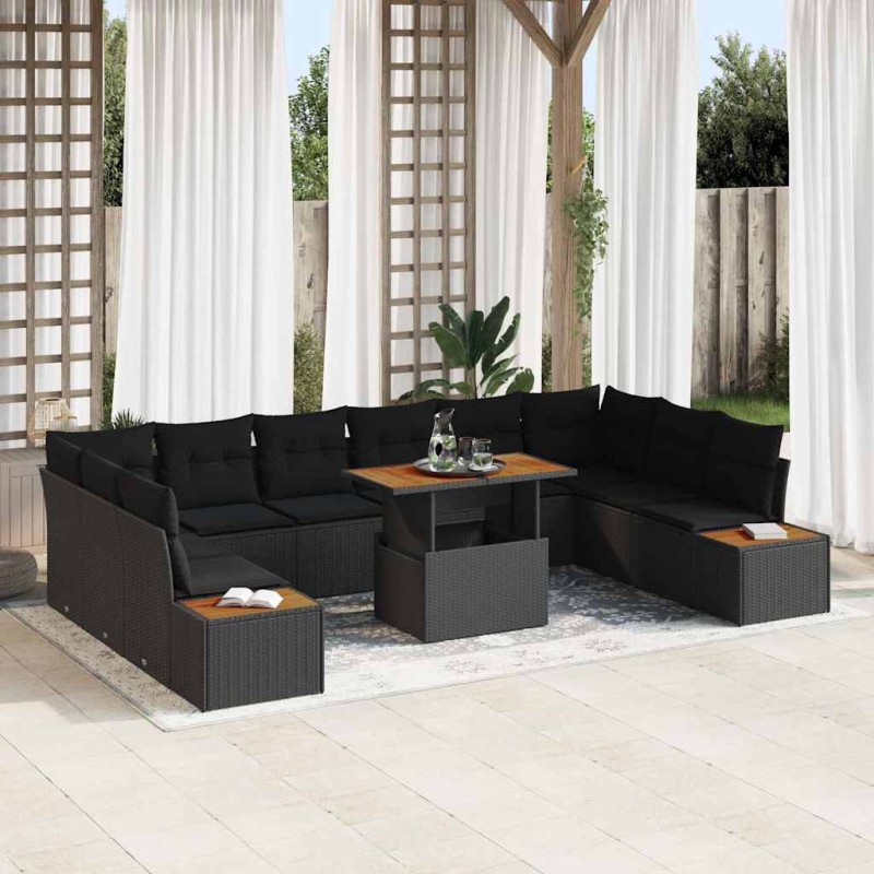 vidaXL Set da pranzo da giardino 11 pezzi con cuscini in rattan sintetico nero e acacia. vidaXL Set da pranzo da giardino 11 pezzi con cuscini in rattan sintetico nero e acacia.