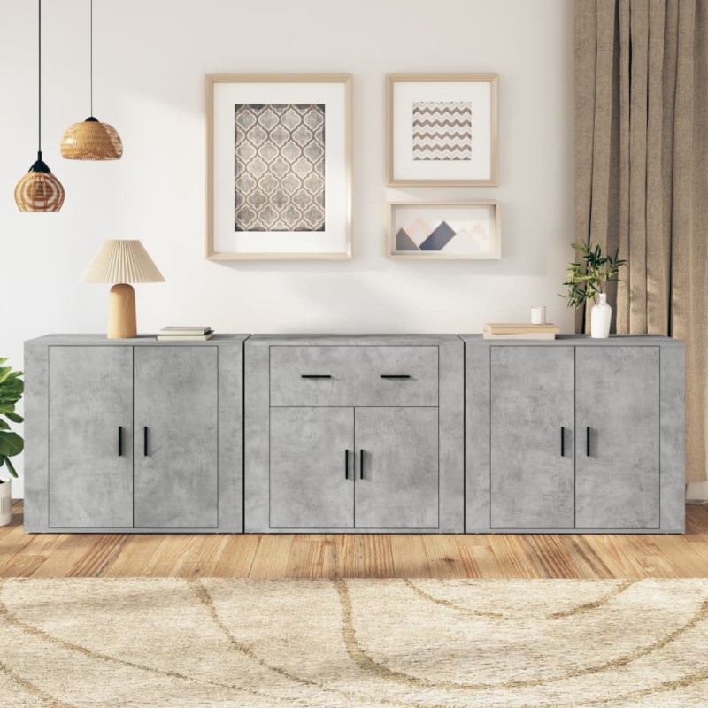 Credenze 3 pz Grigio Cemento in Legno Multistrato Credenze 3 pz Grigio Cemento in Legno Multistrato