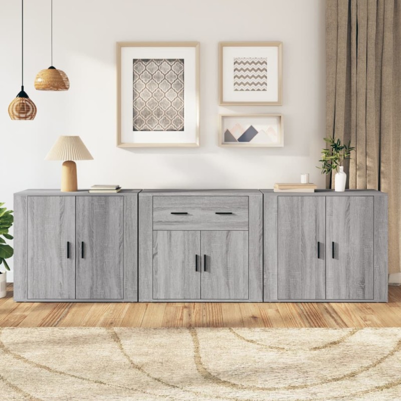 Credenze 3 pz Grigio Sonoma in Legno Multistrato Credenze 3 pz Grigio Sonoma in Legno Multistrato