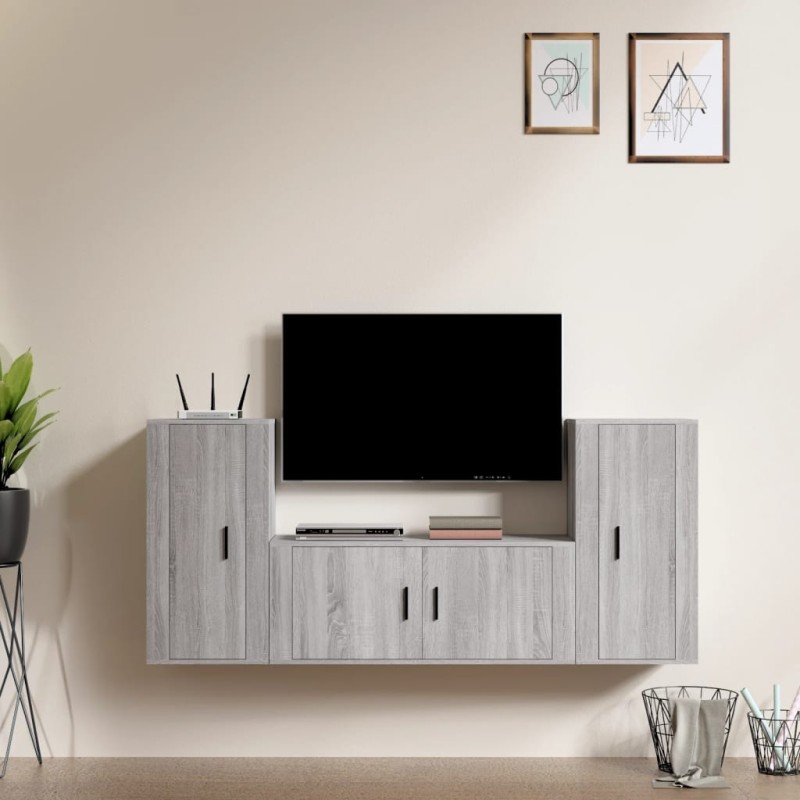 Set Mobili Porta TV 3 pz Grigio Sonoma in Legno Multistrato Set Mobili Porta TV 3 pz Grigio Sonoma in Legno Multistrato