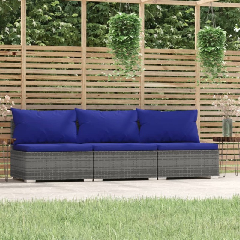 vidaXL Divano a 3 Posti con Cuscini in Polyrattan Grigio vidaXL Divano a 3 Posti con Cuscini in Polyrattan Grigio