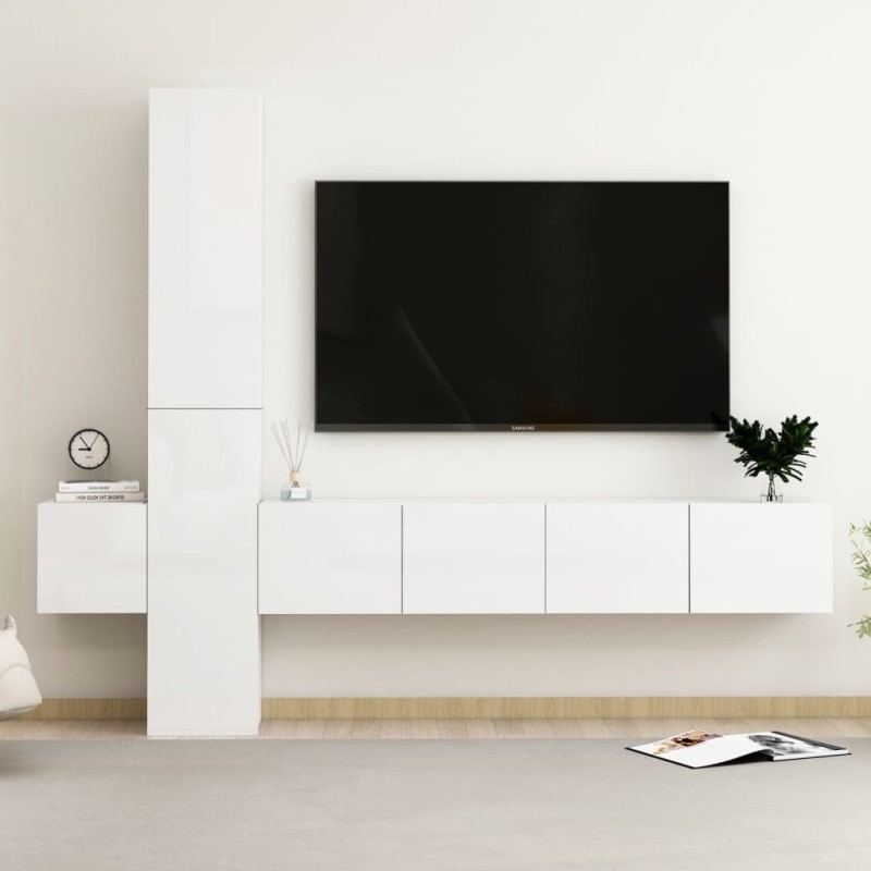 Set Mobile TV 5 pz Bianco Lucido in Truciolato Set Mobile TV 5 pz Bianco Lucido in Truciolato