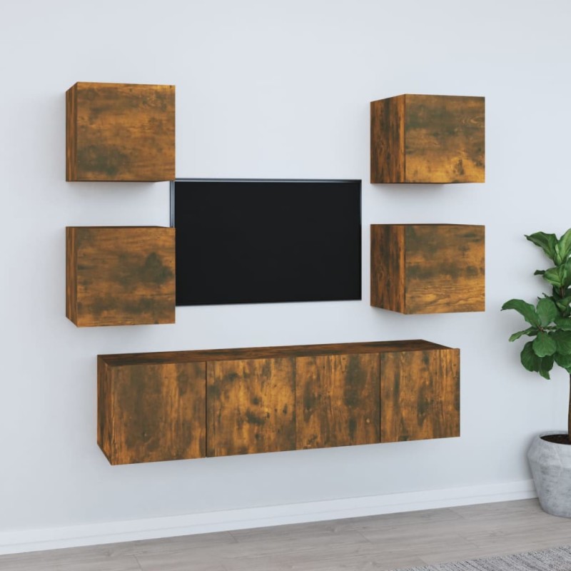 Set di Mobili Porta TV 6 pz Rovere Fumo in Legno Multistrato Set di Mobili Porta TV 6 pz Rovere Fumo in Legno Multistrato