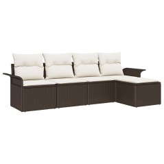 vidaXL Set divano da giardino 5 pezzi con cuscini, rattan poliestere marrone.