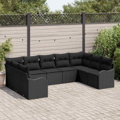 vidaXL Set di divani da giardino composto da 9 pezzi con cuscini in polirattan nero