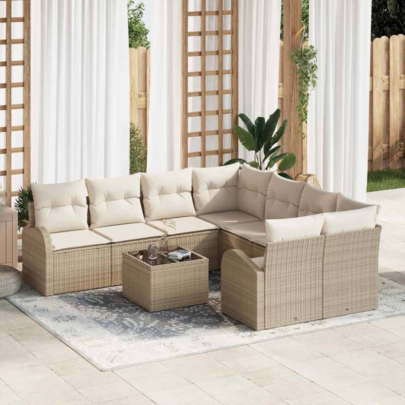 vidaXL Set di Divani da Giardino 9 Pezzi con Cuscini in Rattan Sintetico Beige vidaXL Set di Divani da Giardino 9 Pezzi con Cuscini in Rattan Sintetico Beige