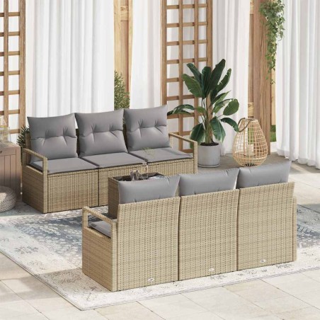 vidaXL Set di divani da giardino 7 pezzi con cuscini in polyrattan beige.