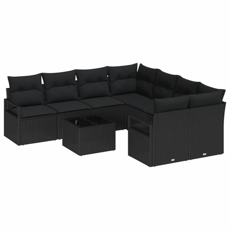 vidaXL Set di divani da giardino di 9 pezzi con cuscini in rattan nero
