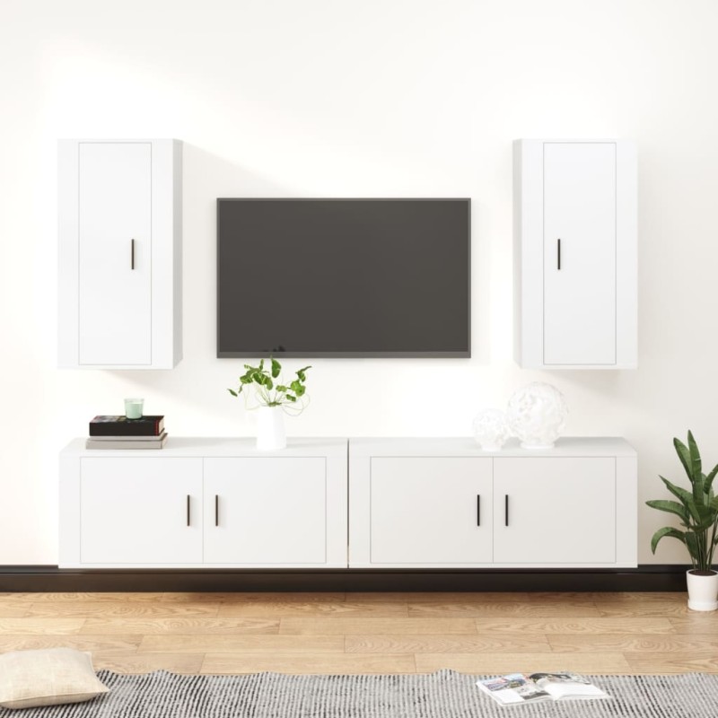Set di Mobili Porta TV 4 pz Bianco in Legno Multistrato Set di Mobili Porta TV 4 pz Bianco in Legno Multistrato