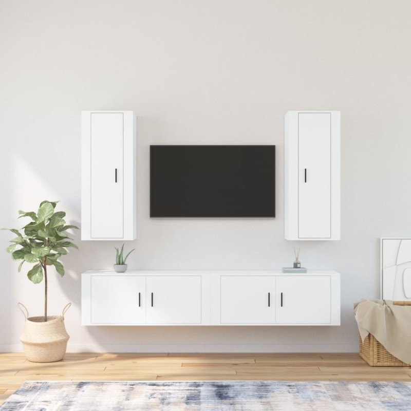 Set di Mobili Porta TV 4 pz Bianco in Legno Multistrato Set di Mobili Porta TV 4 pz Bianco in Legno Multistrato