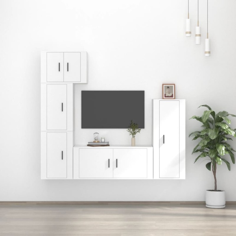 Set di Mobili Porta TV 5 pz Bianco in Legno Multistrato Set di Mobili Porta TV 5 pz Bianco in Legno Multistrato